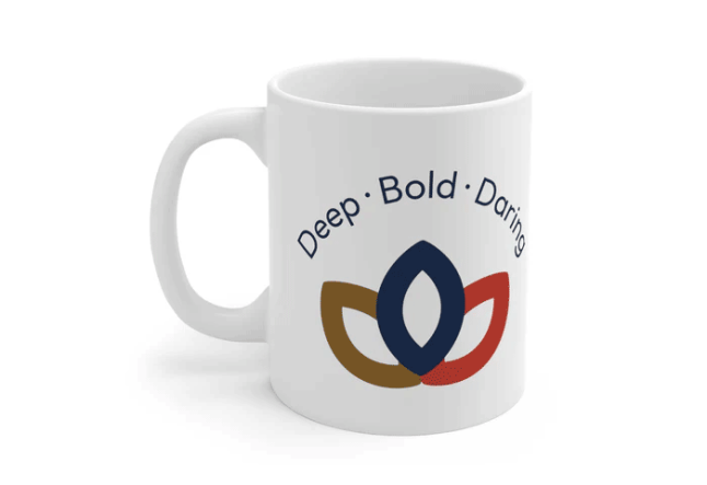 Centennial Mug with Deep Bold Daring logo