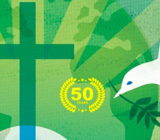 Collage art of cross, dove, earth and 50th logo