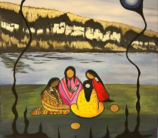 A Saugeen Ojibway Nation painting of four people sitting beside a bay.
