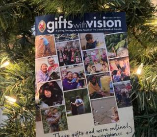 A Gifts with Vision catalogue in the branches of a Christmas tree