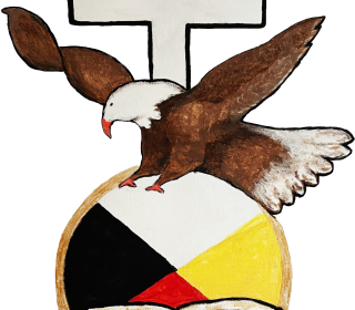 Eagle stands on a medicine wheel with a Bible below and a cross above.