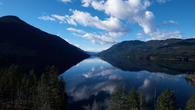 Sproat Lake in Port Alberni under a calm blue sky