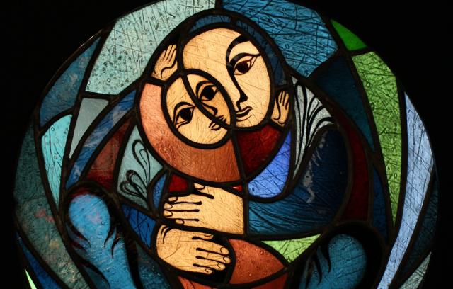 Abstract Mary and infant Jesus stained glass