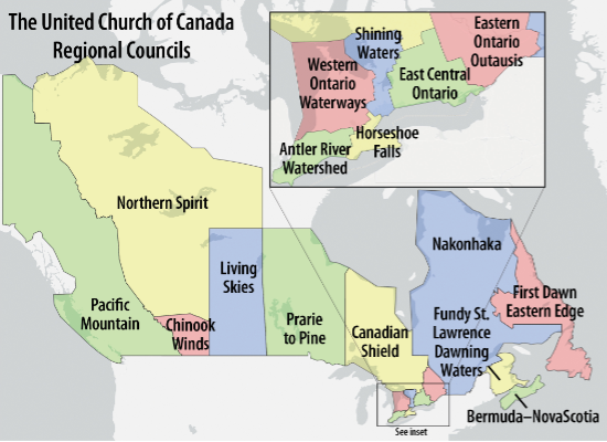 A map denoting the regional council boundaries of the United Church