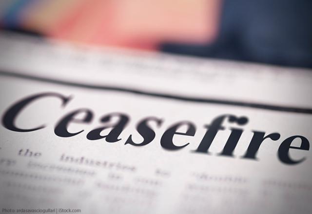 A newspaper headline that says ceasefire