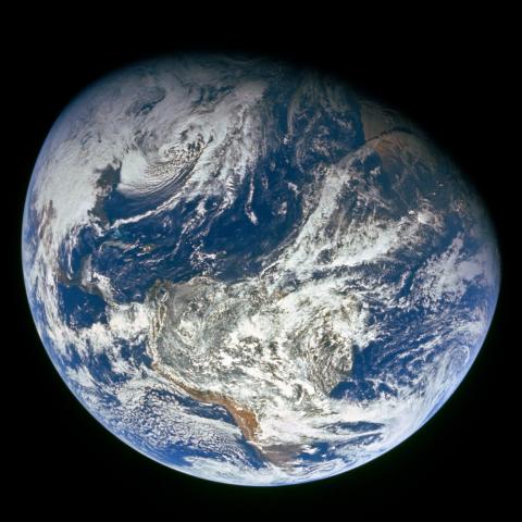 Earth pictured from space, facing South America and the Southern Hemisphere.