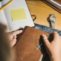 A person's hands holding a Bible.